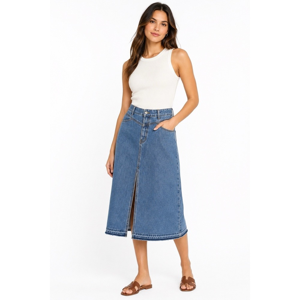 Anthropologie Mable Denim Maxi Skirt L Blue Front Slit Y2K Western Boho Cowgirl